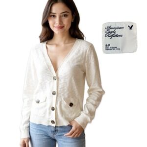 Y2K American Eagle Cardigan Sweater Knit White Button Up Womens Small Preppy Bae